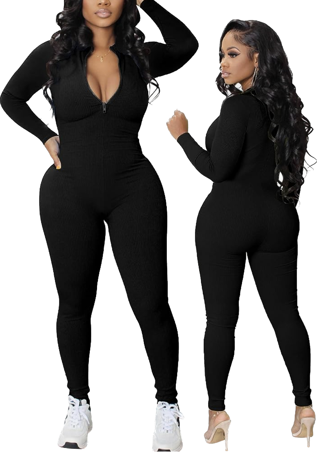 Ribbed Long SleeveJumpsuit-Black