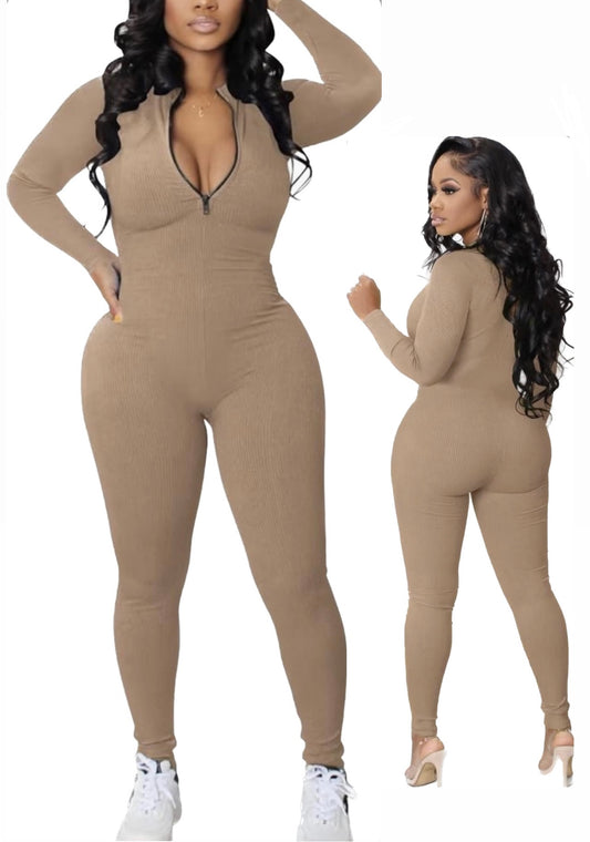 Ribbed Long sleeve Jumpsuit-Tan