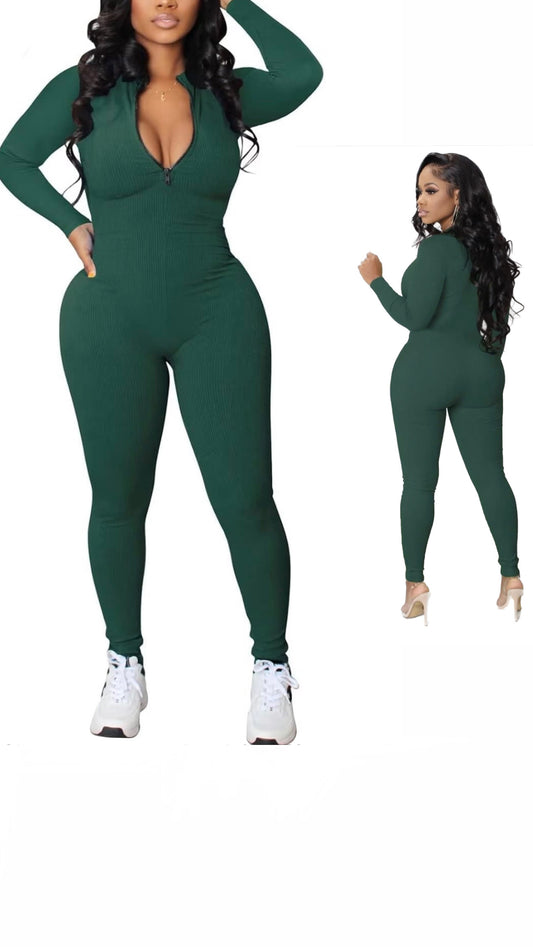 Ribbed long sleeve Jumpsuit- Emerald