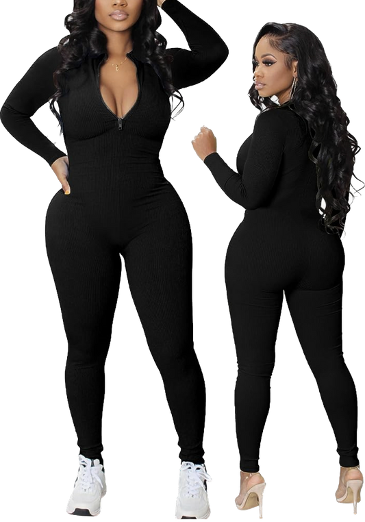 Ribbed Long SleeveJumpsuit-Black