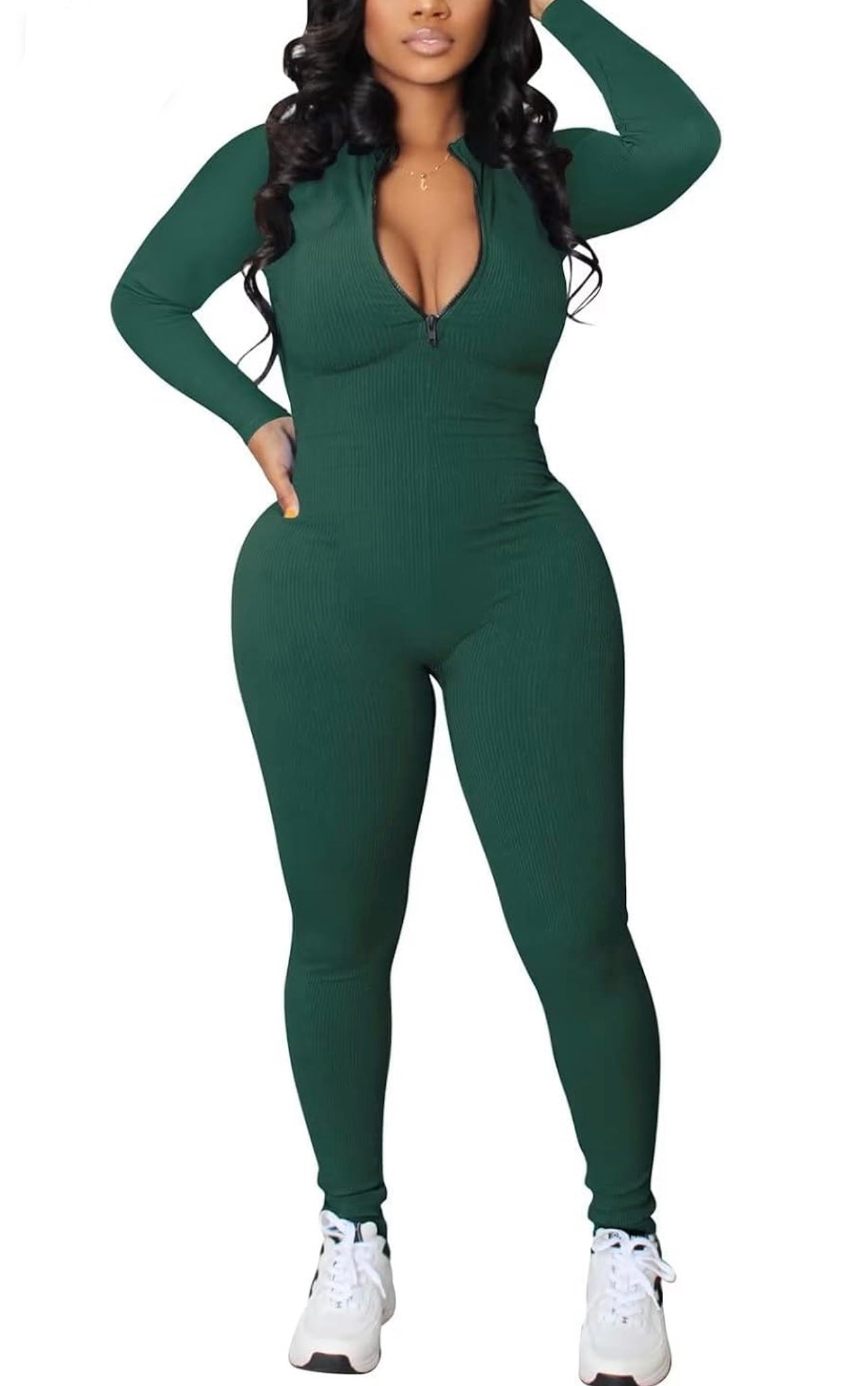 Ribbed long sleeve Jumpsuit- Emerald